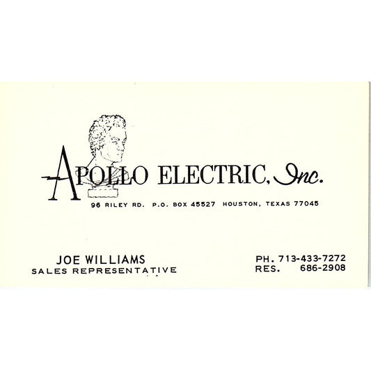 Apollo Electric Joe Williams Houston Texas Vintage Business Card SF3-B6