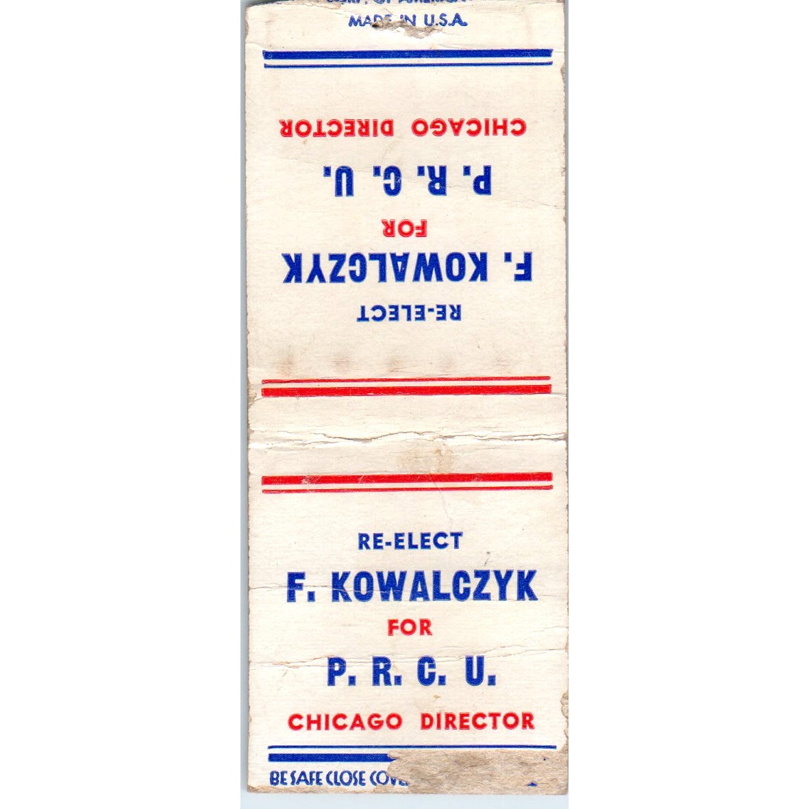 F Kowalczyk for P.R.C.U. Chicago Polish Political Vintage Matchbook Cover SD4-Y3