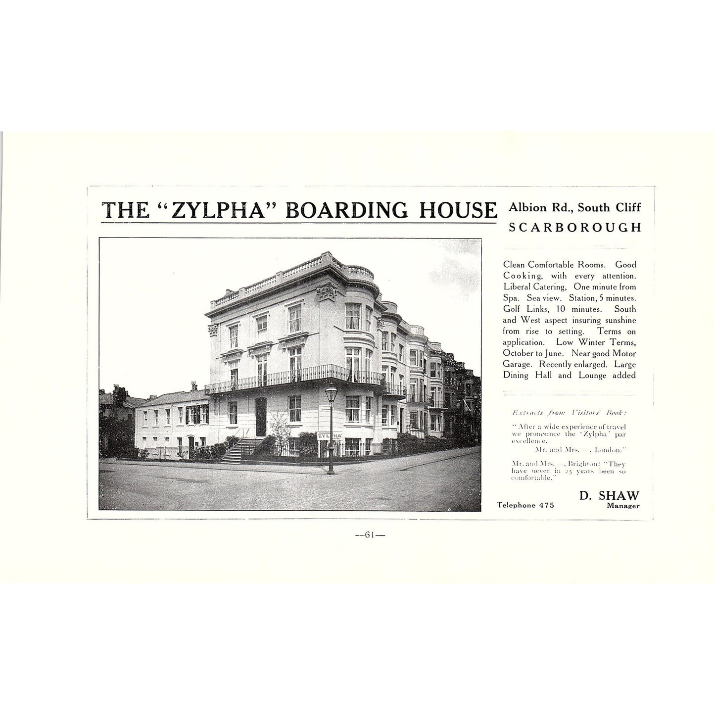 The Zylpha Boarding House South Cliff D. Shaw Scarborough c1910 Ad AF3-9