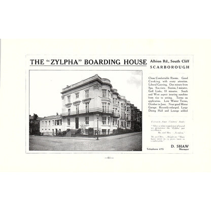 The Zylpha Boarding House South Cliff D. Shaw Scarborough c1910 Ad AF3-9