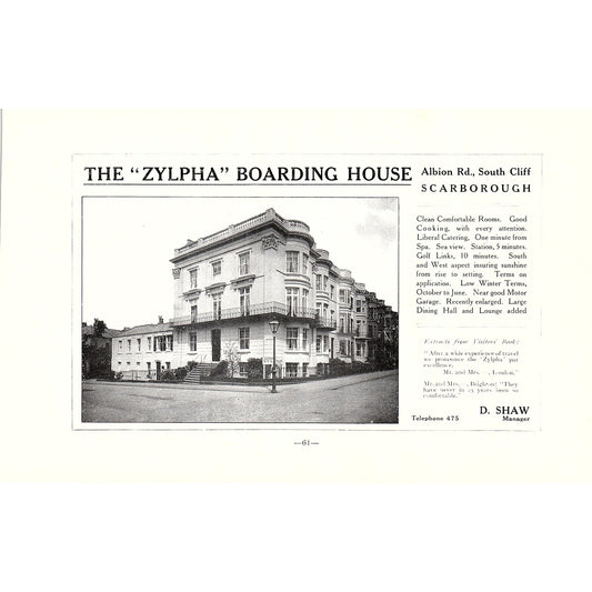 The Zylpha Boarding House South Cliff D. Shaw Scarborough c1910 Ad AF3-9