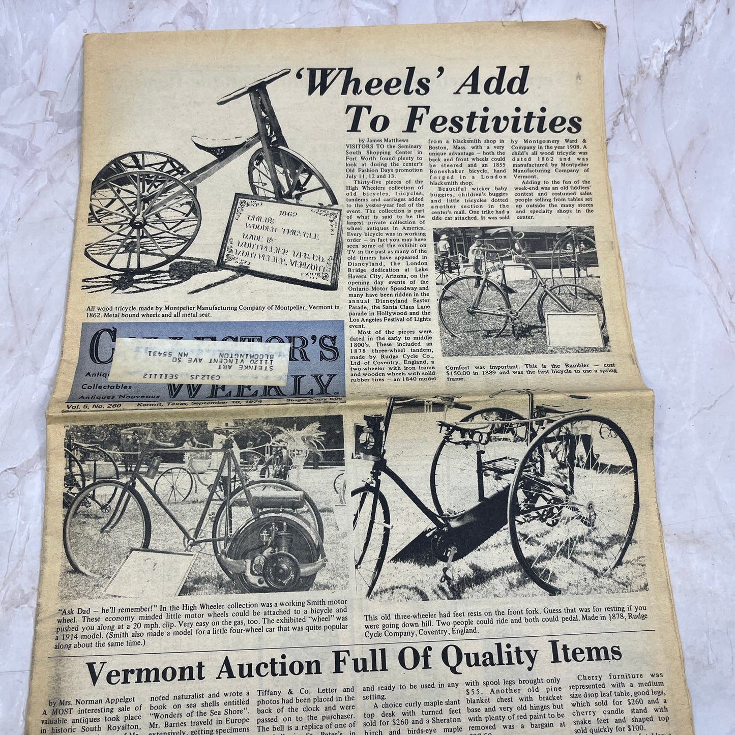 1974 Sep 10 - Collector's Weekly Newspaper - Antique Bicycles Tricycles M18