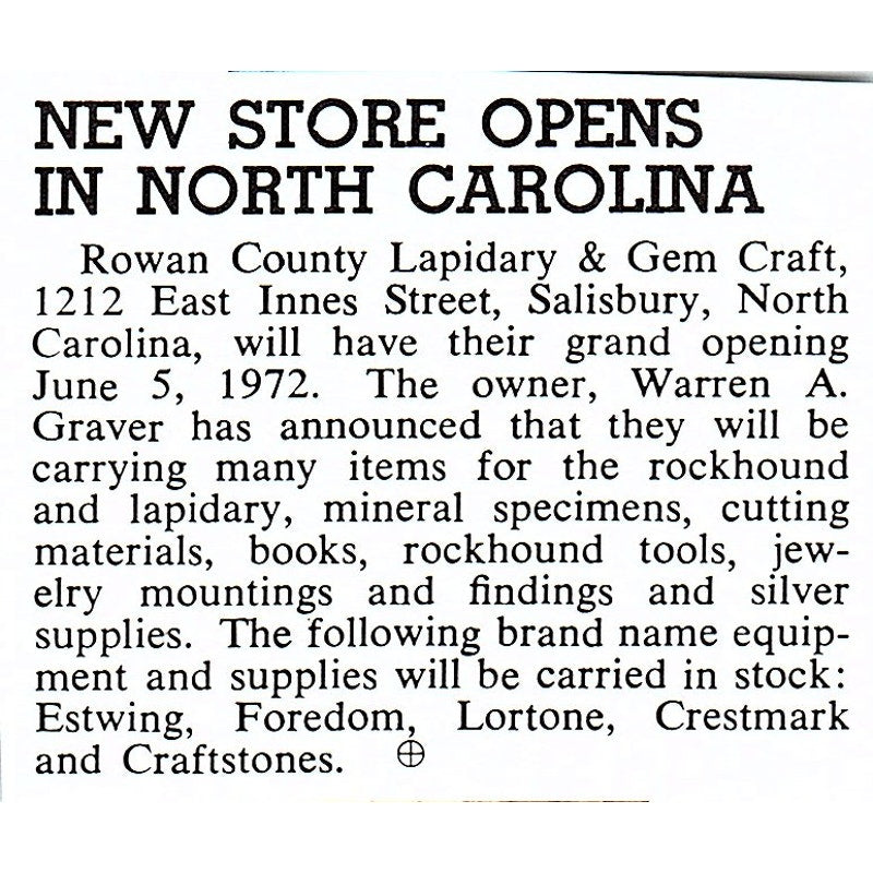 Rowan County Lapidary & Gem Craft Opens in North Carolina 1972 Ad AF8-M1