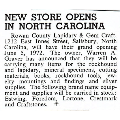 Rowan County Lapidary & Gem Craft Opens in North Carolina 1972 Ad AF8-M1