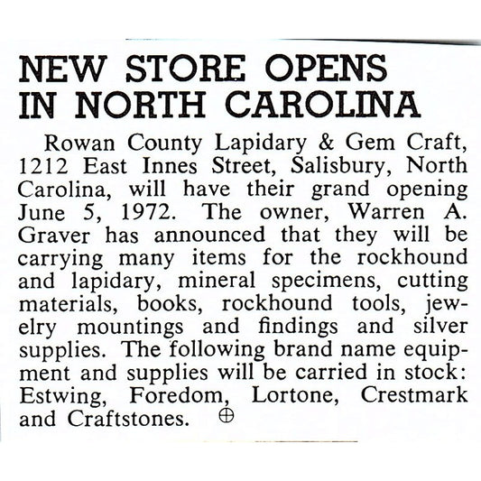 Rowan County Lapidary & Gem Craft Opens in North Carolina 1972 Ad AF8-M1