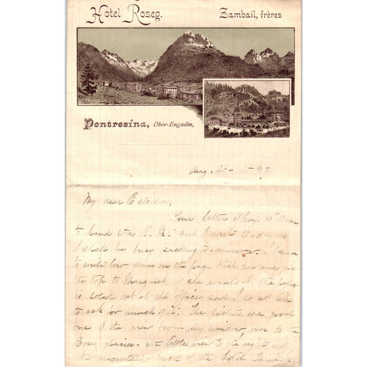 1897 Handwritten Letter on Hotel Roseg Zambail, Freres Pontresina Stationary D18