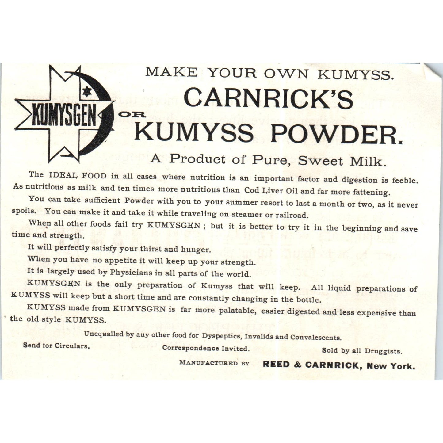 Reed & Carnick's Kumyss Kumis Powder NY c1890 Victorian Ad AE8-CH1