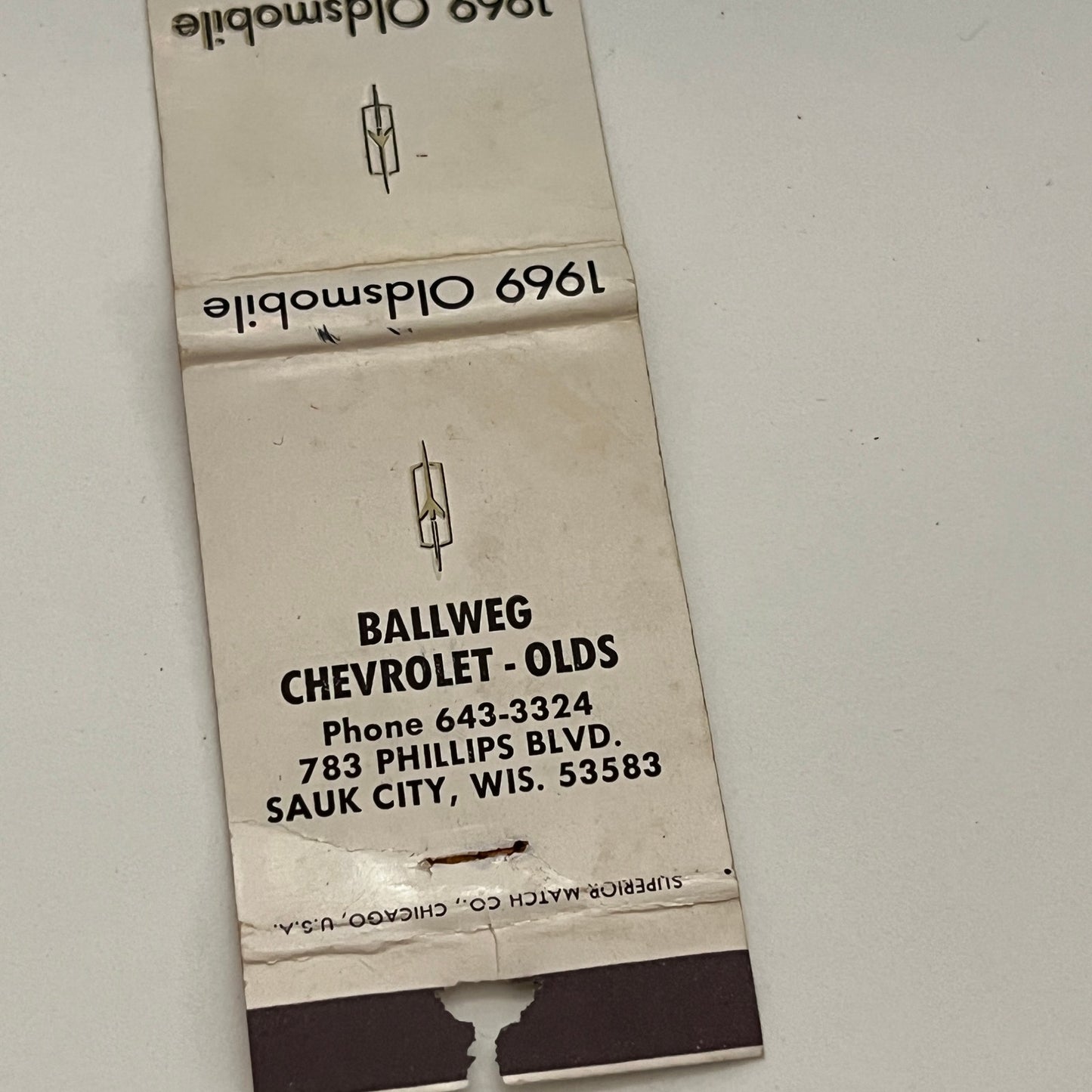 Ballweg Chevrolet Oldsmobile Sauk City WI Vintage Matchbook TB6-MB2-14