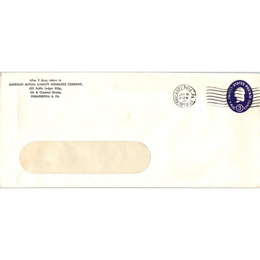 1953 American Mutual Liability Ins Co Philadelphia Postal Cover Envelope TH9-L2