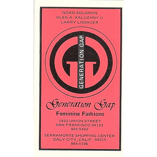 Generation Gap Feminine Fashions Daly City CA Norm Solomon Business Card SE5-B4