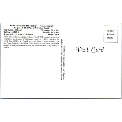 North American F-86D Sabre Fighter Aircraft Vintage Postcard TG8-PC