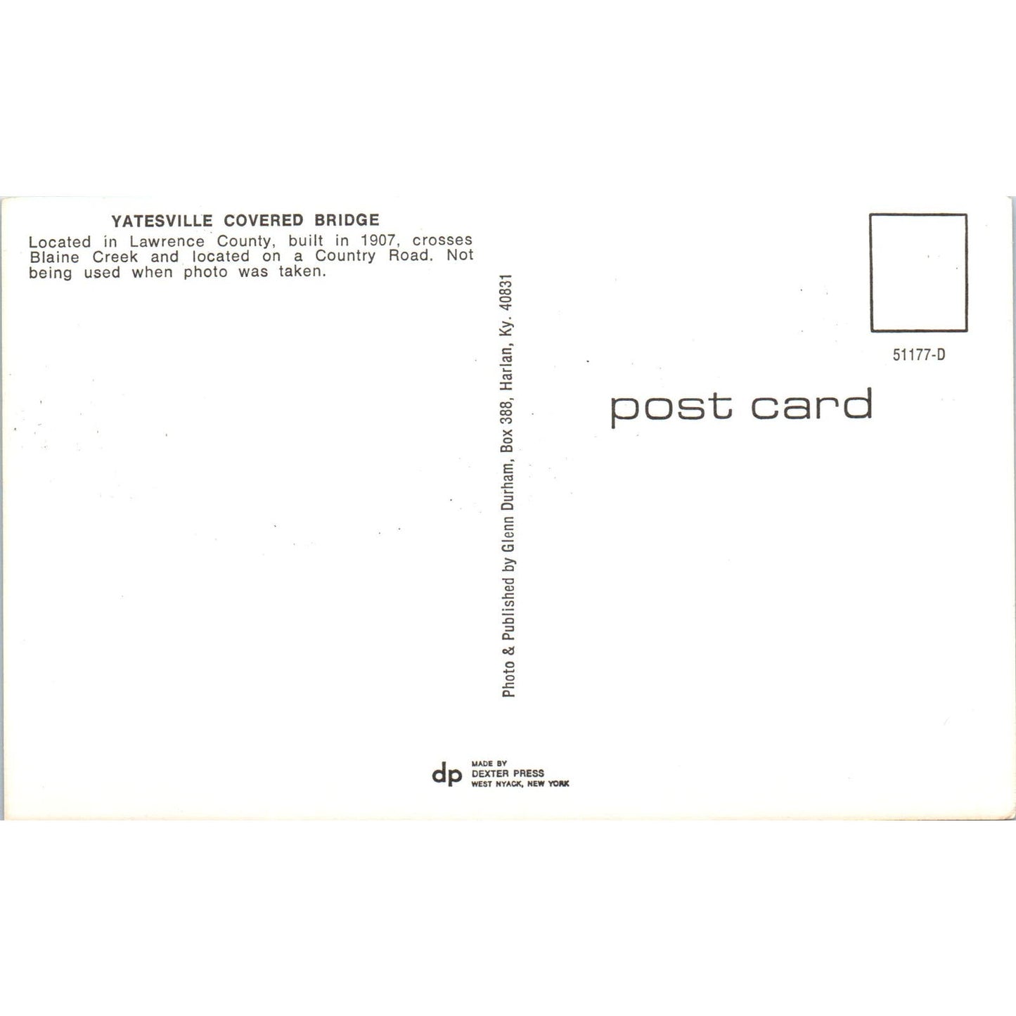 Yatesville Bridge Lawrence County Blaine Creek Covered Bridge Postcard PB11