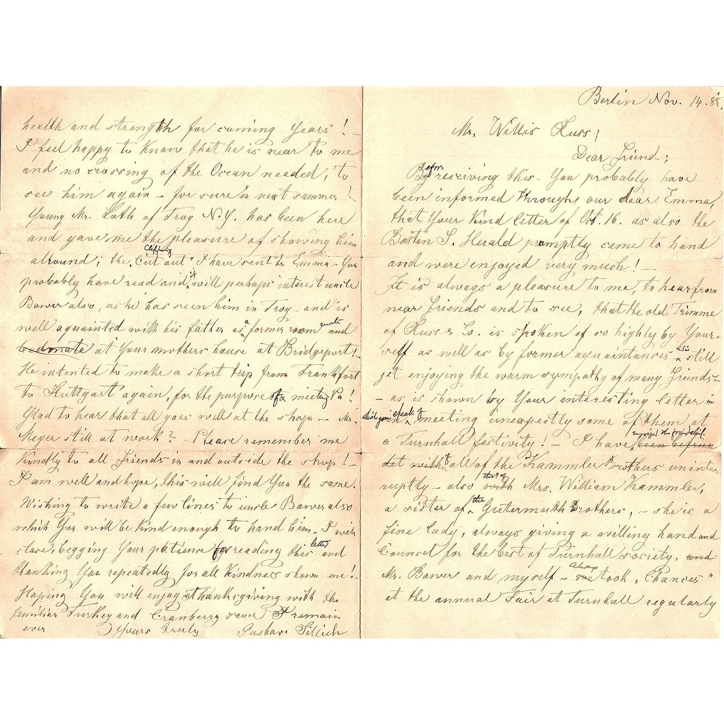 1888 Handwritten Letter Gustav Lillich Berlin Germany to Willis Russ TH2-OP5