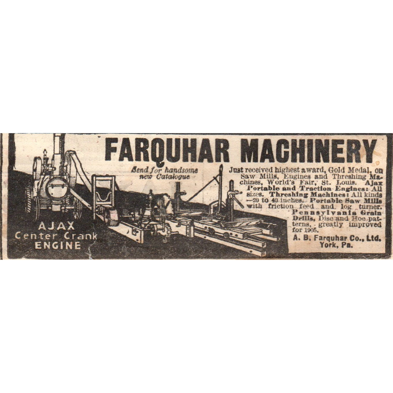 A.B Farquhar Machinery Ajax Center Crank Engine York PA 1905 Magazine Ad AF1-NH1