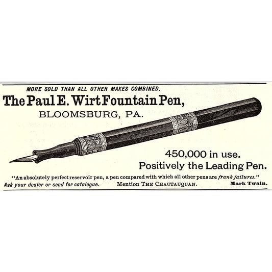 Paul E. Wirt Fountain Pen Bloomsburg PA 1892 Ad AG2-H6