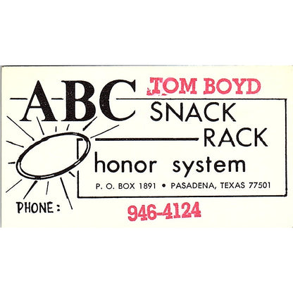 ABC Snack Rack Tom Boyd Pasadena TX Vintage Business Card SD9-B12