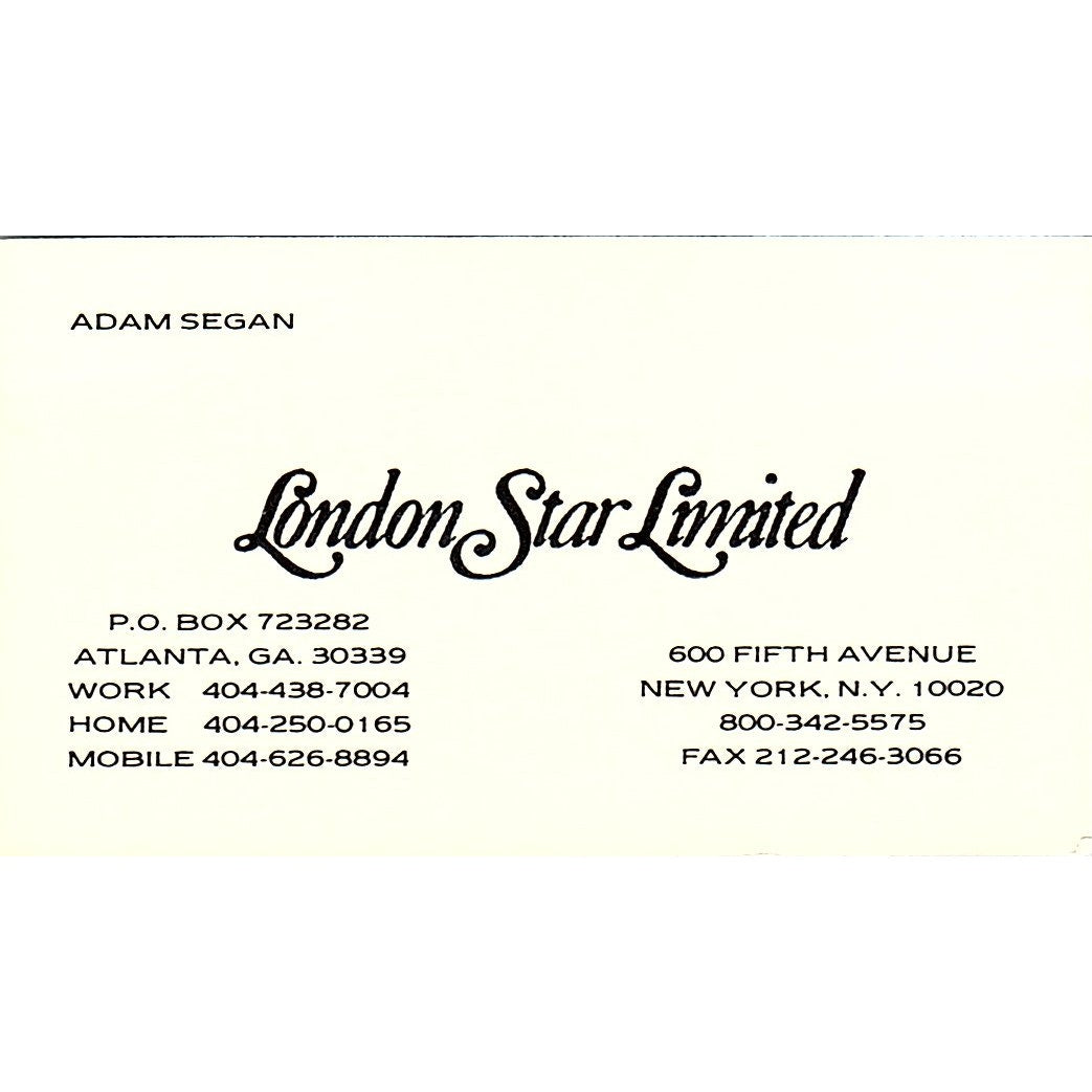 Adam Segan London Star Limited Atlanta GA Vintage Business Card SC9-B8