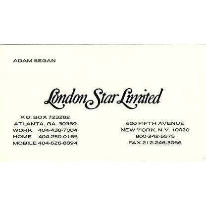 Adam Segan London Star Limited Atlanta GA Vintage Business Card SC9-B8
