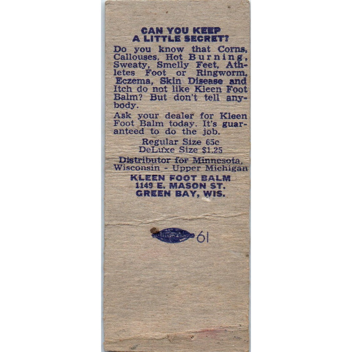 Kleen Foot Balm Falls Church VA Vintage Matchbook Cover SD2-Y6