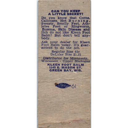 Kleen Foot Balm Falls Church VA Vintage Matchbook Cover SD2-Y6