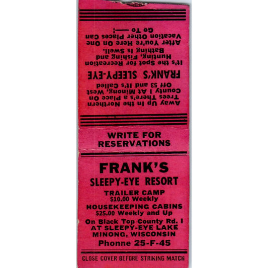 Frank's Sleepy Eye Resort Minong Wisconsin Vintage Matchbook Cover SD4-Y17