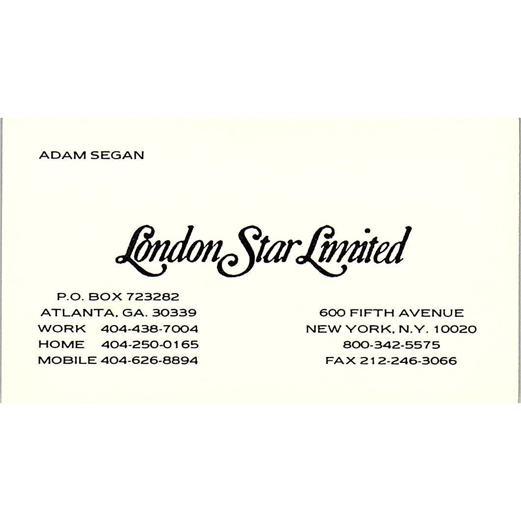 Adam Segan London Star Limited Atlanta GA Vintage Business Card SC9-B7