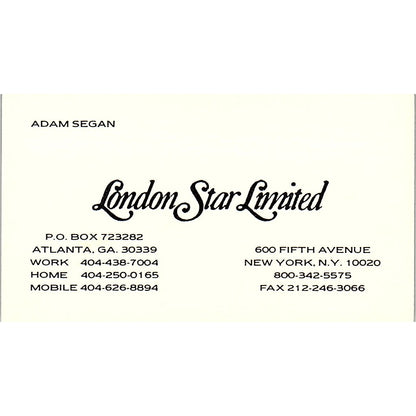 Adam Segan London Star Limited Atlanta GA Vintage Business Card SC9-B7