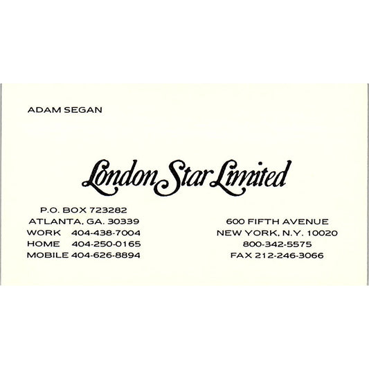 Adam Segan London Star Limited Atlanta GA Vintage Business Card SC9-B7