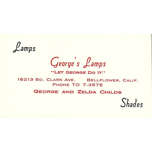 George's Lamps George & Zelda Childs Bellflower CA Vintage Business Card SF3-B2