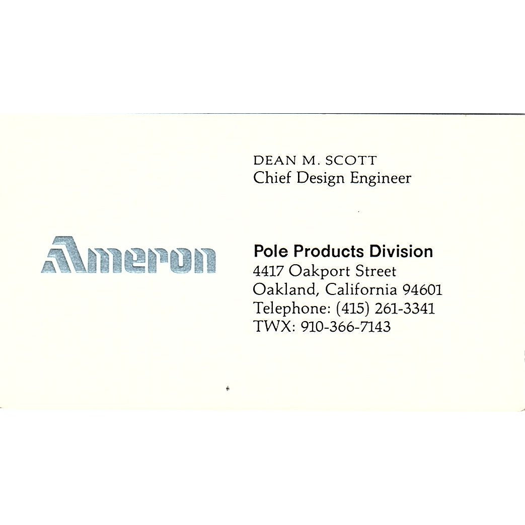 Ameron, Dean M. Scott, Oakland, California CA Vintage Business Card Sf3-B6