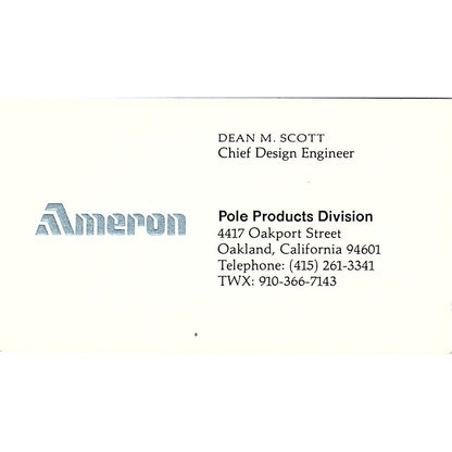 Ameron, Dean M. Scott, Oakland, California CA Vintage Business Card Sf3-B6