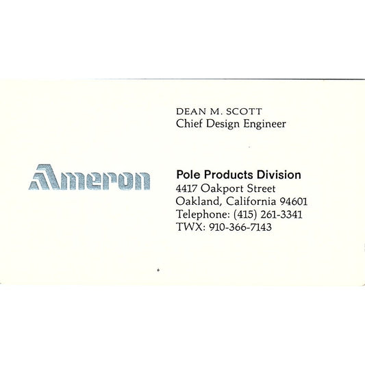 Ameron, Dean M. Scott, Oakland, California CA Vintage Business Card Sf3-B6