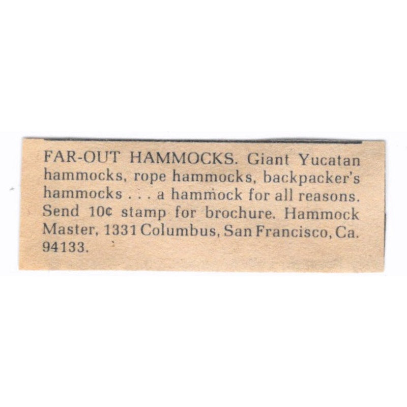 Far-Out Hammocks - Hammock Master San Francisco CA - 1/2x2 1974 Ad AF6-S6