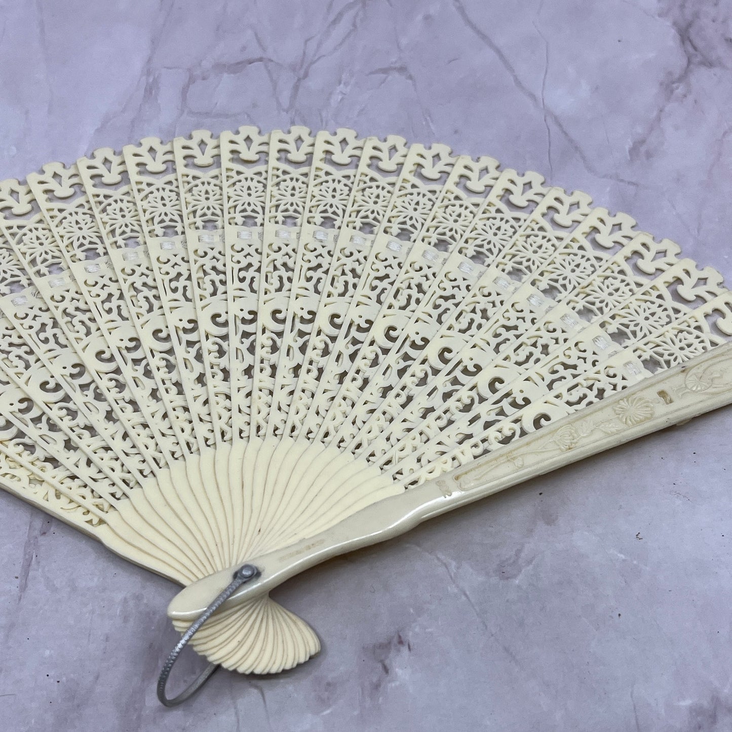 Vintage Folding Hand Fan Ornate Celluloid Hong Kong SC1