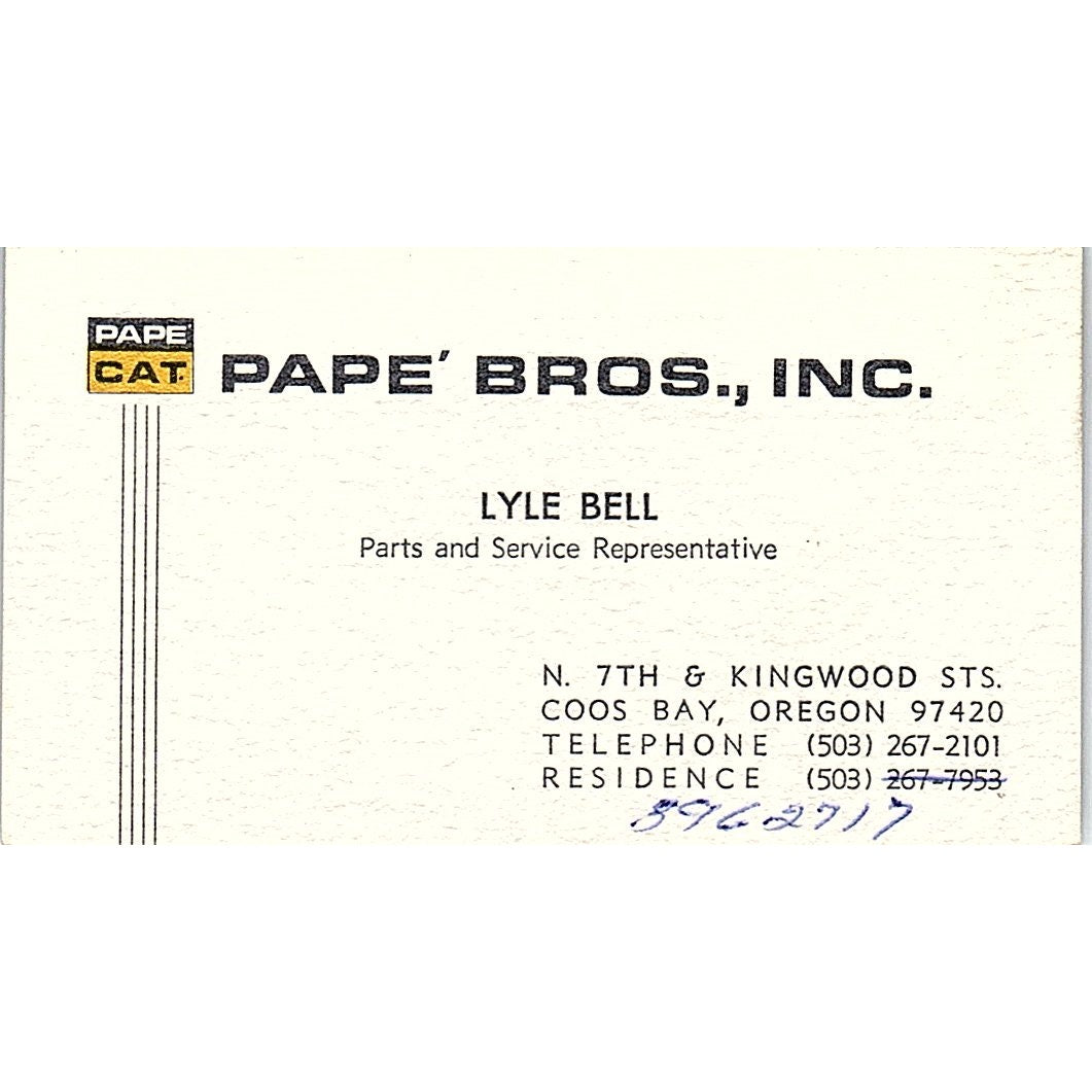Pape Cat Pape' Bros Inc. Lyle Bell Coos Bay Oregon Vintage Business Card SB4-B4