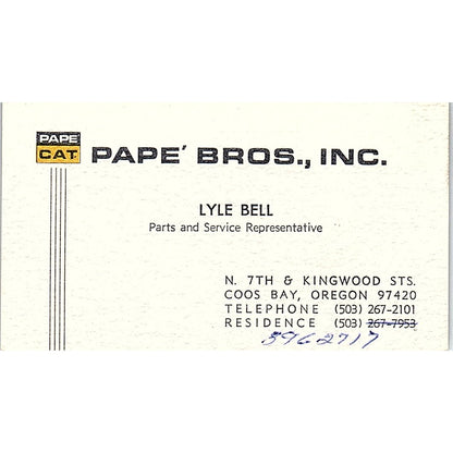 Pape Cat Pape' Bros Inc. Lyle Bell Coos Bay Oregon Vintage Business Card SB4-B4