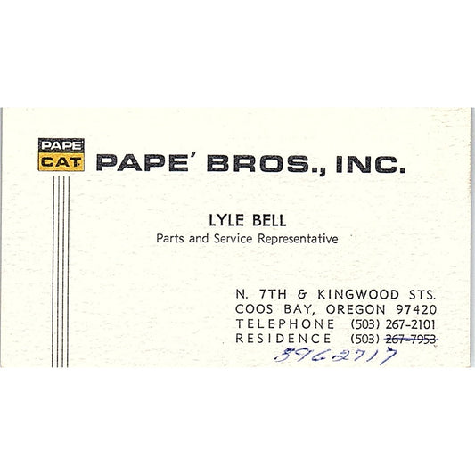 Pape Cat Pape' Bros Inc. Lyle Bell Coos Bay Oregon Vintage Business Card SB4-B4