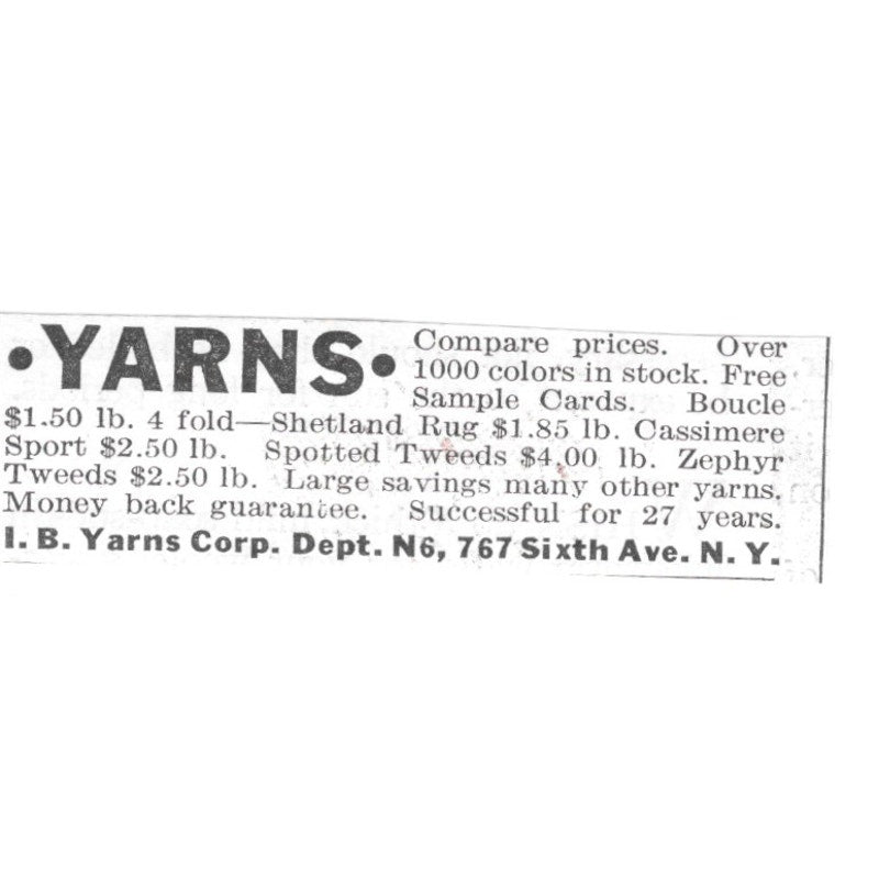 I.B. Yarns Corp. Shetland and Tweeds New York NY 1936 Ad SAG4-S12
