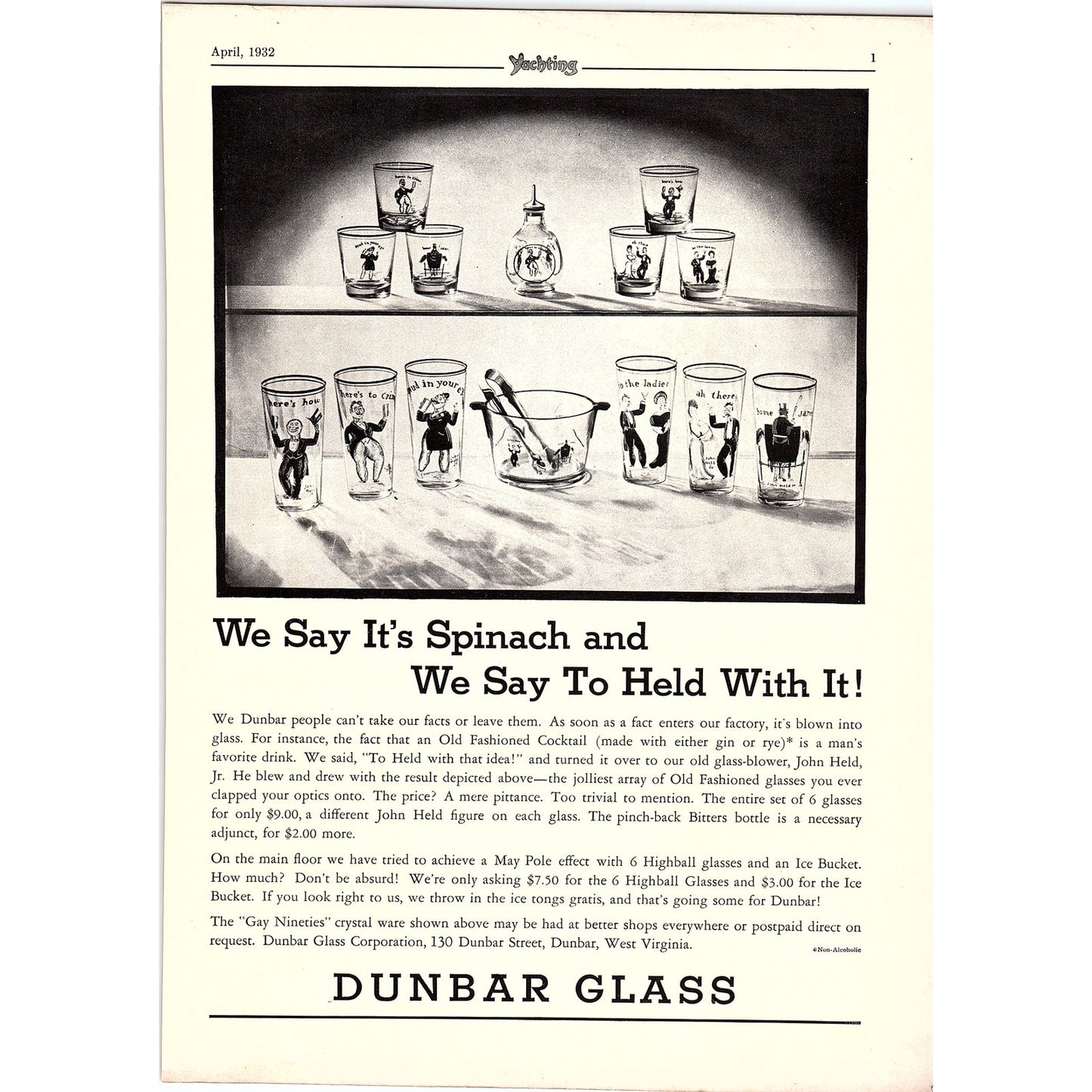 Dunbar Glass Gay Nineties Glasses, Edward Smith Co Marine Varnish 1932 Ad V1-4