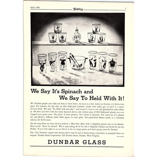 Dunbar Glass Gay Nineties Glasses, Edward Smith Co Marine Varnish 1932 Ad V1-4