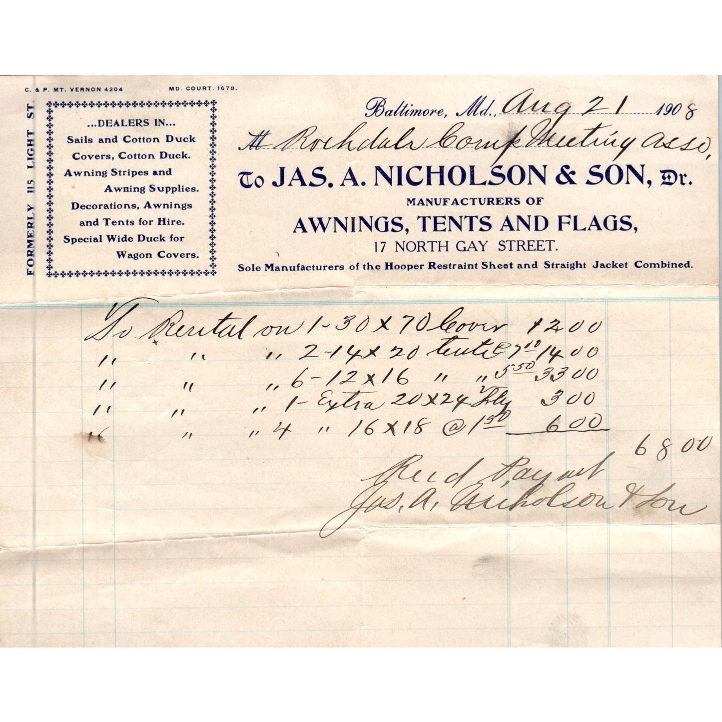 1908 Jas. A. Nicholson & Son Awnings Tents Flags Letterhead Baltimore MD AE5