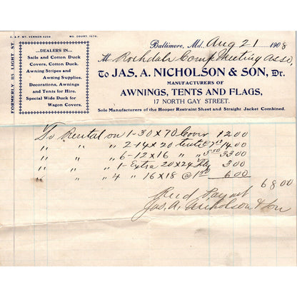 1908 Jas. A. Nicholson & Son Awnings Tents Flags Letterhead Baltimore MD AE5