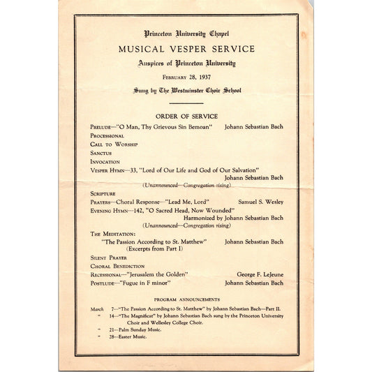 1937 Princeton University Chapel Musical Vesper Service Program Westminster K23