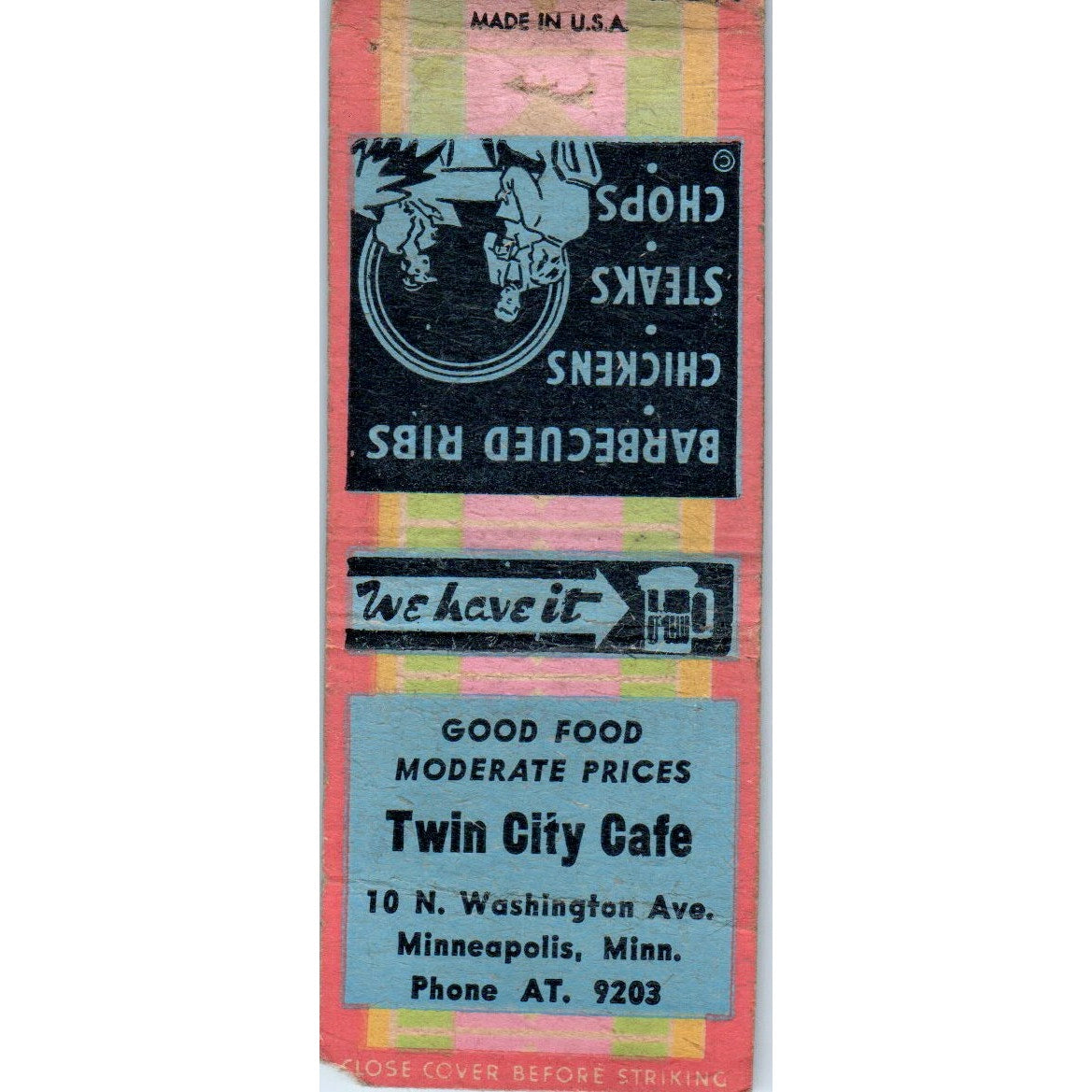 Twin City Cafe Washington Ave Minneapolis MN Vintage Matchbook Cover SF4-Y2