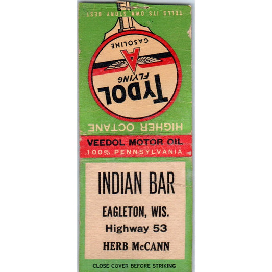 Indian Bar Eagleton WI Herb McCann Tydol Flying A Vtg Matchbook Cover SD4-Y11