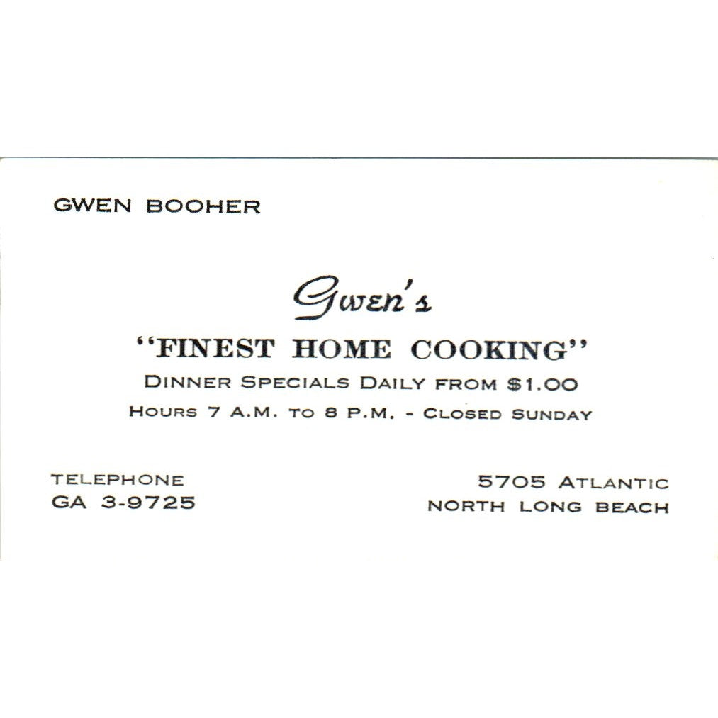 Gwen's Finest Home Cooking Gwen Booher Long Beach Vintage Business Card SD8-B7