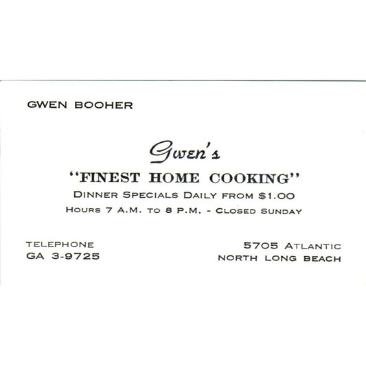 Gwen's Finest Home Cooking Gwen Booher Long Beach Vintage Business Card SD8-B7