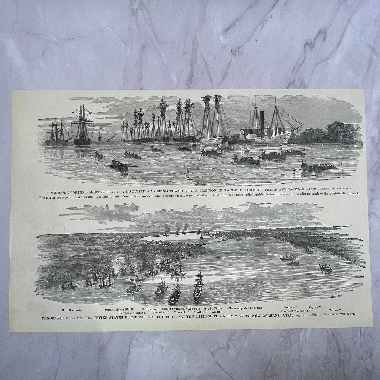 First Day's Bombardment of Forts Jackson and St. Philip 1890s Engraving V14-6