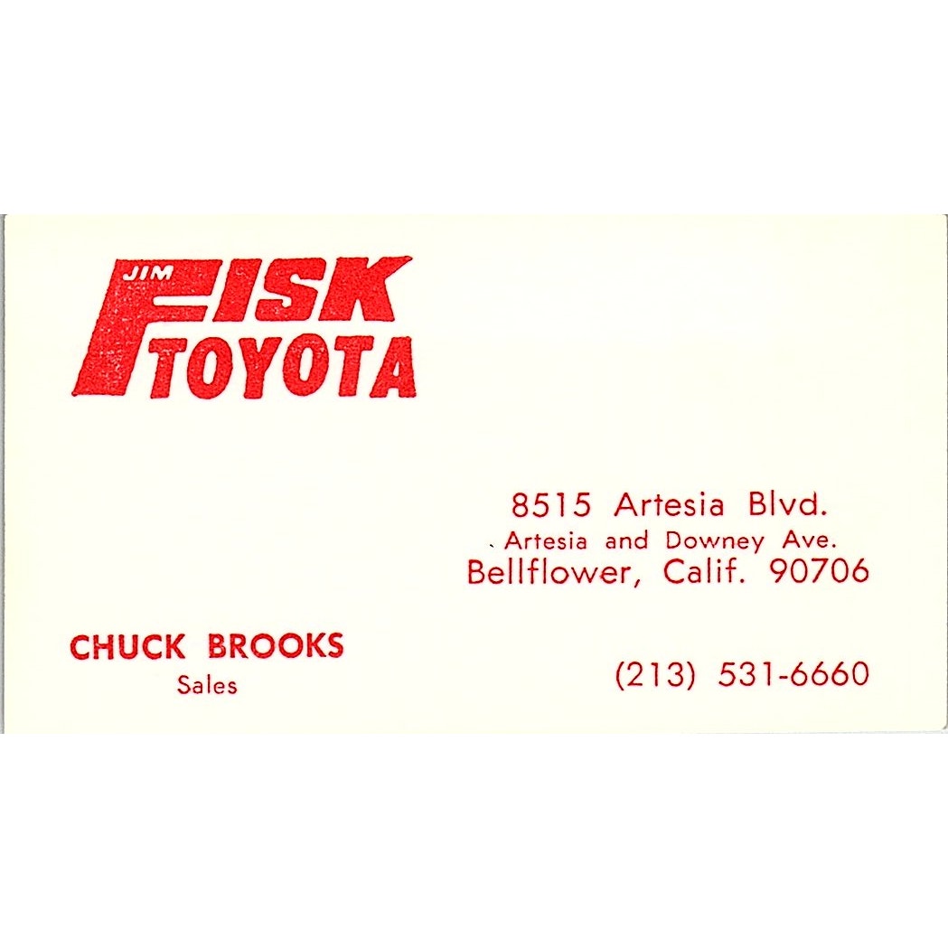 Chuck Brooks Jim Fisk Toyota Bellflower CA Vintage Business Card SD9-B9