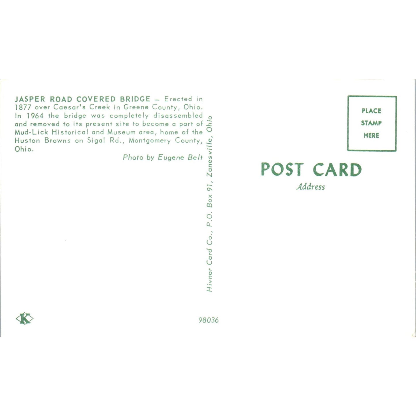 Jasper Road Covered Bridge Greene County OH Covered Bridge Postcard PB10